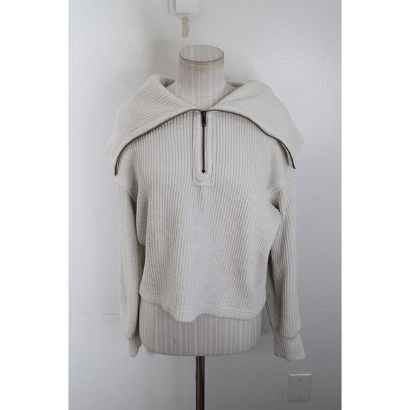 Free People Dean Sweatshirt Ribbed Patch Elbows Heather Zip Neck Off White XS - Picture 1 of 6